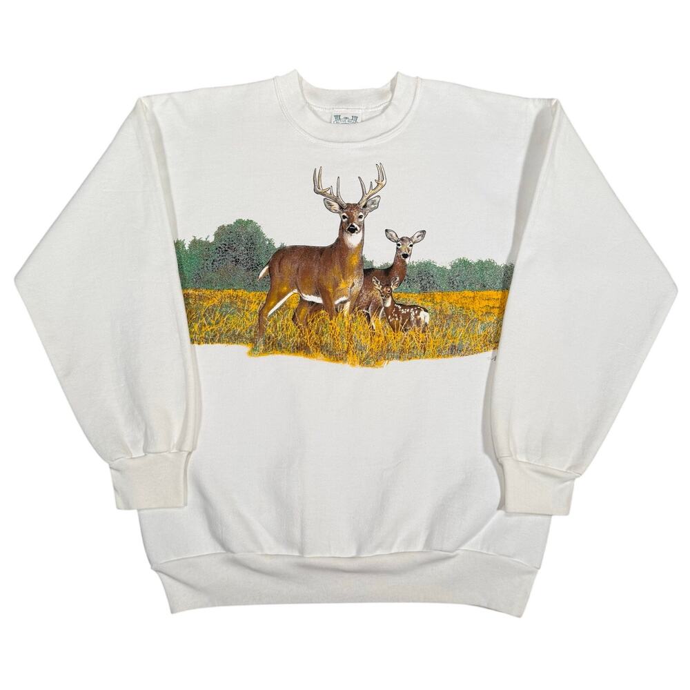 Vintage 80s Nature Deer Graphic Sweatshirt White Size Medium